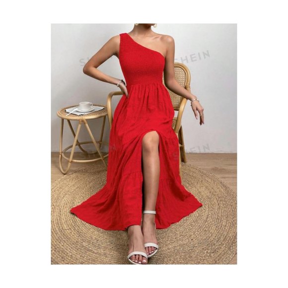 One Shoulder Ruffled Hem Maxi Sundress with Side Slit LARGE - Picture 3 of 8